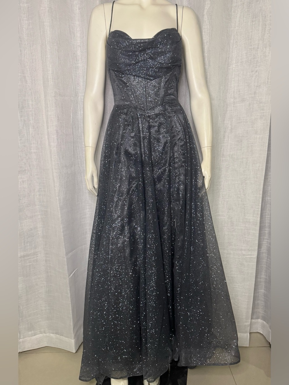 Charcoal Sparkly Corset Gown - Tie Back Dress with Long Train